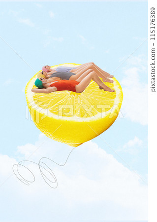 Three women in colorful swimsuits lying on half of lemons and sunbathing again light blue sky background. Contemporary art collage. Three women in colorful swimsuits lying on half of lemons and sunbathing again light blue sky background. Contemporary art collage. 115176389