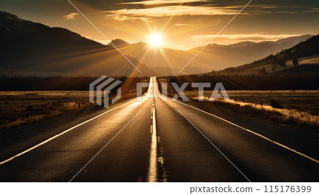 A long road stretching towards the morning sun 115176399