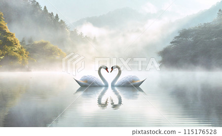 晨霧中漂浮的白天鵝 115176528