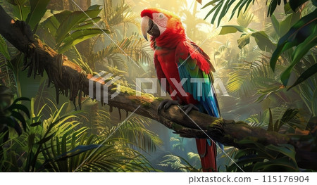 A Scarlet Macaw Perched on a Branch in a Lush Rainforest 115176904