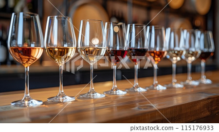 A Row of Wine Glasses With Different Varietals on a Wooden Bar Counter 115176933