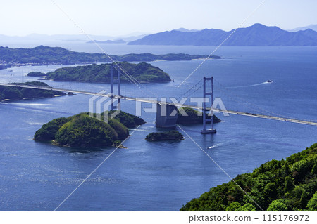 Iyo-Oshima, Kurushima-Kaikyo Bridge from Kirosan Observation Park, Imabari City, Ehime Prefecture 115176972