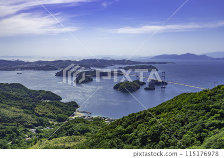 Iyo-Oshima, Kurushima-Kaikyo Bridge from Kirosan Observation Park, Imabari City, Ehime Prefecture 115176978