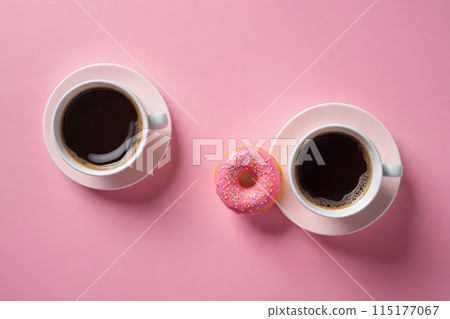 Coffee cup with cookies on a pink background. Panoramic flat lay food photography. 115177067