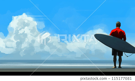A surfer looking at the summer sky and sea from the beach 115177081