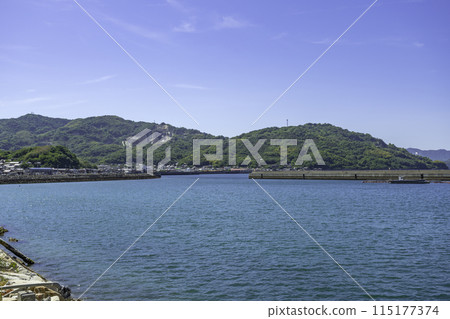 從愛媛郡今治市宮久保漁港看到的大島採石場伊予大島 115177374