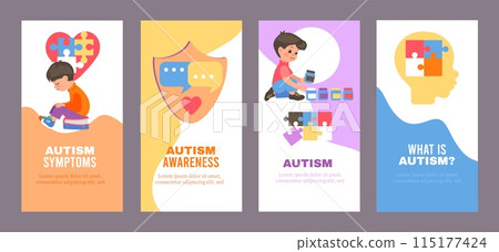 Autism awareness Day cards. Cute kids with autistic spectrum disorder. Hyperactivity and ADHD. Children behavioral features. Attention to detail and introversion. Splendid vector set 115177424