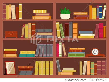 Bookcase with books. Brown wooden cabinet with shelves. Library shelving. Fiction or educational literature. Bookshelves flat style. Interior furniture. Cupboard rack. Vector background Bookcase with books. Brown wooden cabinet with shelves. Library shelving. Fiction or educational literature. Bookshelves flat style. Interior furniture. Cupboard rack. Vector background 115177425