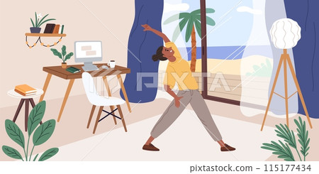 Freelancer girl does stretching. Workplace workout. Happy woman doing yoga exercises. Sedentary job. Office syndrome. Flexible body training. Fitness for workers. Garish vector concept 115177434