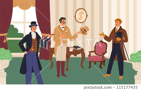 Gentlemen talking in vintage interior. Retro men smoking cigars. Dandies conversation. Aristocrats in tuxedos. 19th century European fashion. Victorian suits. Garish vector concept Gentlemen talking in vintage interior. Retro men smoking cigars. Dandies conversation. Aristocrats in tuxedos. 19th century European fashion. Victorian suits. Garish vector concept 115177435