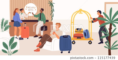 Hotel reception. Guests resting in lobby. People waiting for settlement. Hospitality service. Porter carrying luggage. Receptionist with keys. Guesthouse hall. Garish vector concept 115177439
