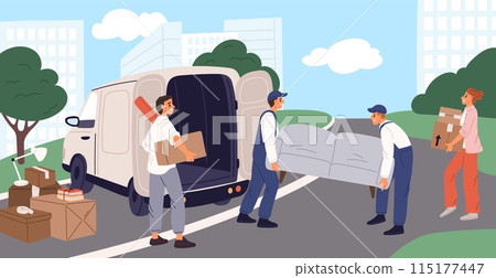 Movers at work. Delivery service. Family moving to new home. Workers loading furniture into truck. People carrying things boxes. Loaders holding sofa. Garish vector relocation concept Movers at work. Delivery service. Family moving to new home. Workers loading furniture into truck. People carrying things boxes. Loaders holding sofa. Garish vector relocation concept 115177447