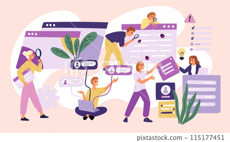 Searching process for errors in application. Testing programs. People fixing bugs in software. App development. Looking for antivirus mistakes with magnifiers. Garish vector concept 115177451