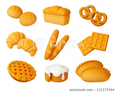 3d bakery products. Pastries, croissant and bread. Isolated buns, french baguettes and waffles. Render realistic baking pithy vector collection 115177494