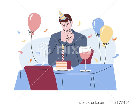 Alone at birthday. Young guy sitting at table with cake and wine. Sad or somber boy, single man reminiscing friends and family, kicky vector scene 115177495