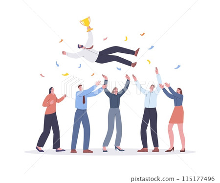 Team tossing boss. Business characters and man with golden cup in air. People celebrating victory, leadership and partnership kicky vector concept 115177496