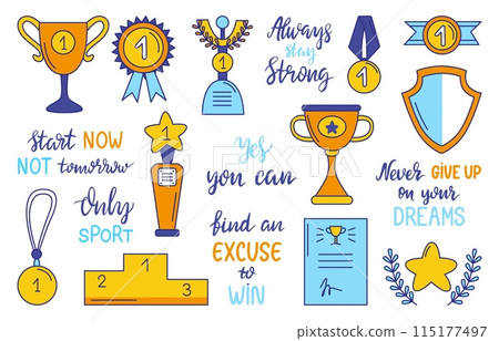Sport awards doodle elements. Motivation lettering phrases, trophies and medals. Championship trophy, winner competition neoteric vector award 115177497