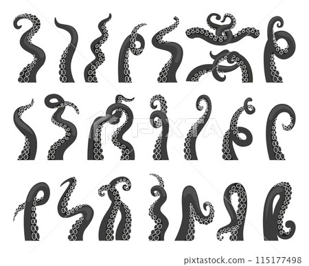 Black octopus tentacles. Kraken octopuses tentacle, squid sea body parts. Monochromatic ocean animal details, cartoon neoteric vector icons 115177498