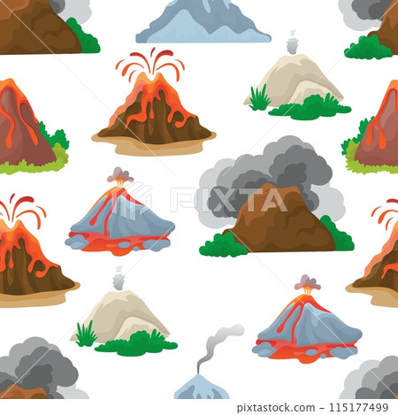 Volcano seamless pattern. Volcanoes eruption process with fires and lava. Natural disasters print design for wrapping and textile, neoteric vector background 115177499