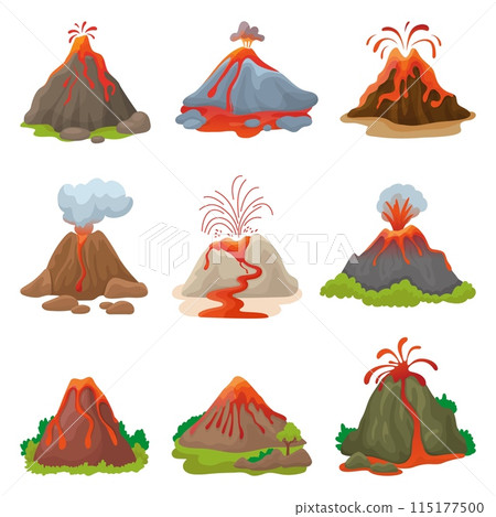 Cartoon volcano. Eruption processes, volcanoes with magma and fire fountains. Lava flows, volcanic eruptions natural disasters neoteric vector set Cartoon volcano. Eruption processes, volcanoes with magma and fire fountains. Lava flows, volcanic eruptions natural disasters neoteric vector set 115177500