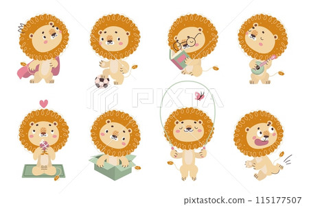 Funny lion. Cartoon cute lions childish mascots in different poses. Animal play ball, read book, jumping rope and running, nowaday vector set 115177507