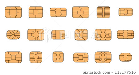 Sim card chips. Computer microchips, isolated memory or credit cards details. Contactless payments elements, personal security in atm, decent vector icons Sim card chips. Computer microchips, isolated memory or credit cards details. Contactless payments elements, personal security in atm, decent vector icons 115177510