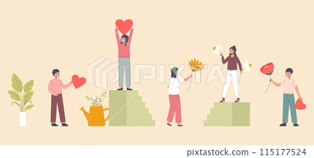 People with hearts and flowers. Plants, gardening and gifting. Happy young adults, support and friendship. Cartoon lovely vector characters People with hearts and flowers. Plants, gardening and gifting. Happy young adults, support and friendship. Cartoon lovely vector characters 115177524