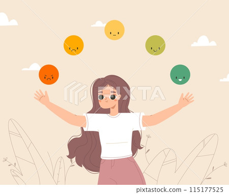 Cartoon emotional girl. Balance, cute young woman and different emotions. Mental health, support and helping. Psychology vector concept Cartoon emotional girl. Balance, cute young woman and different emotions. Mental health, support and helping. Psychology vector concept 115177525