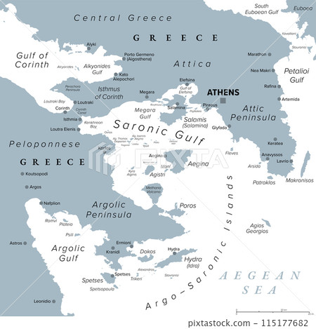 Argo-Saronic Gulf, Saronic and Argolic Gulf of Greece, gray political map. The peninsulas of Attica and Argolis, Argo-Saronic Islands, Isthmus of Corinth, Corinth Canal and the Greek capital Athens. Argo-Saronic Gulf, Saronic and Argolic Gulf of Greece, gray political map. The peninsulas of Attica and Argolis, Argo-Saronic Islands, Isthmus of Corinth, Corinth Canal and the Greek capital Athens. 115177682
