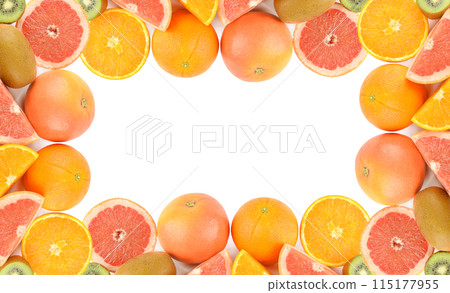Kiwi, grapefruit and orange fruits isolated on white. Collage. Free space for text. Kiwi, grapefruit and orange fruits isolated on white. Collage. Free space for text. 115177955