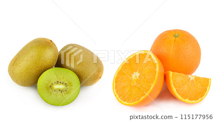 Kiwi and orange fruits isolated on white. Collage. Wide photo. Free space for text. Kiwi and orange fruits isolated on white. Collage. Wide photo. Free space for text. 115177956