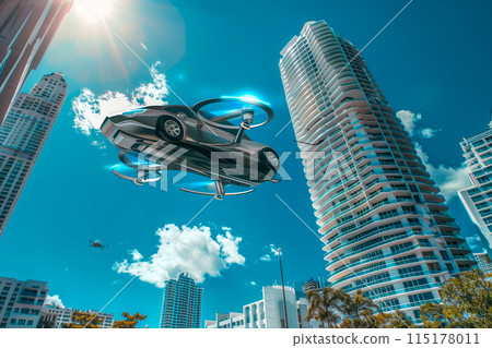 Under the blue sky_Flying car flying through the gap between skyscrapers 1 115178011