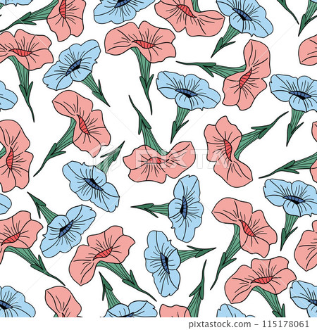 Pink and light blue flat design seamless pattern petunia 115178061