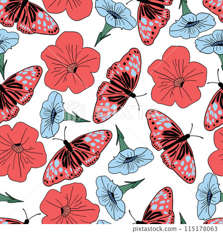 Butterflies seamless pattern with flowers flat design 115178063