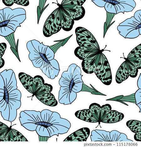 Blue petunia and butterflies seamless pattern flat design Blue petunia and butterflies seamless pattern flat design 115178066
