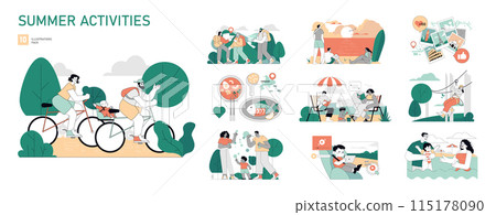 Summer Activities set. Families and individuals engaging in outdoor leisure activities during summer. Cycling, hiking, eating, reading, photography, and fishing. Vector illustration. Summer Activities set. Families and individuals engaging in outdoor leisure activities during summer. Cycling, hiking, eating, reading, photography, and fishing. Vector illustration. 115178090