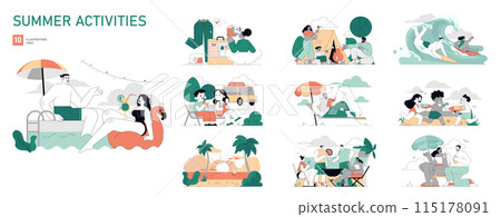 Summer Activities set. Illustration series captures leisure moments, from beach relaxation to camping fun. Tropical vacations, family picnics, and water sports. Vector illustration. Summer Activities set. Illustration series captures leisure moments, from beach relaxation to camping fun. Tropical vacations, family picnics, and water sports. Vector illustration. 115178091