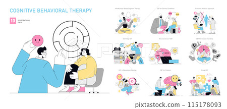 Cognitive Behavioral Therapy set. Therapeutic techniques for mental health improvement. Mindfulness, self-help strategies, and tailored CBT for various conditions. Vector illustration. 115178093