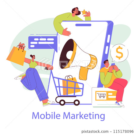 Mobile Marketing concept. Digital advertising with a large smartphone, loudspeaker, and consumers engaging with e-commerce. Online shopping and customer outreach strategy. Vector illustration. 115178096