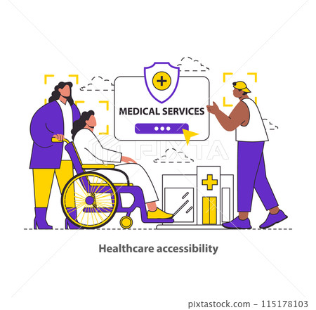 Healthcare accessibility concept. Modern technology enhances medical services, offering inclusivity for patients with disabilities. Vector illustration. 115178103