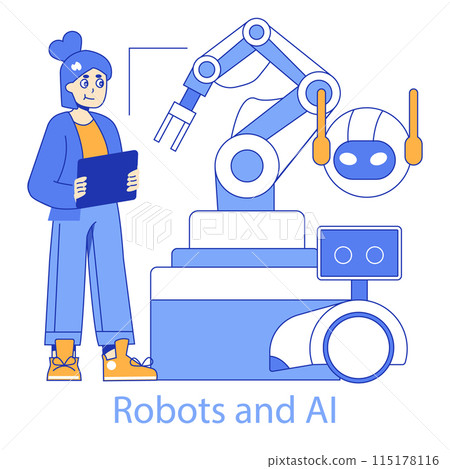 Robotics and AI concept. A woman interacts with advanced robotics, highlighting the human-tech collaboration. Future of automation and AI in vector art. 115178116