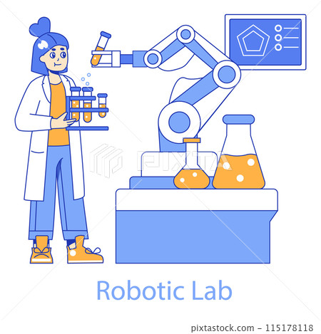 Robotic Lab concept. A scientist collaborates with automated robotics to conduct advanced research. Science and AI merging for breakthroughs. Vector illustration. 115178118