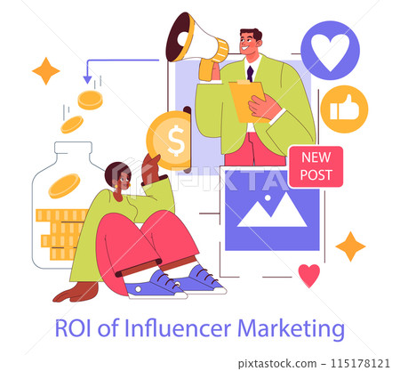 Influencer Marketing concept. Visualizing the ROI of social media influencers with engaging posts and monetary gains. Online advertising strategy. Vector illustration. 115178121