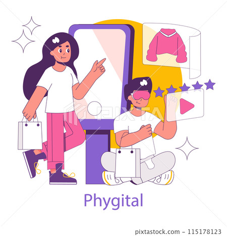 Phygital concept. Two individuals exploring a blend of physical shopping with digital augmentation. Consumer engagement in a hybrid reality. Vector illustration. 115178123