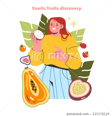 Exotic Fruits Discovery concept. Enthusiastic woman exploring diverse tropical fruits, showcasing fresh papaya, passion fruit, and dragon fruit. Vector illustration. 115178124