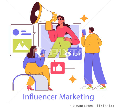 Influencer Marketing concept. Digital promotion through social media personalities engaging with followers. Online brand endorsement scene. Vector illustration. 115178133