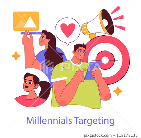 Millennials Targeting concept. Engaging with young adults through social media and trendy interests. Marketing strategy to capture attention. Vector illustration. 115178135