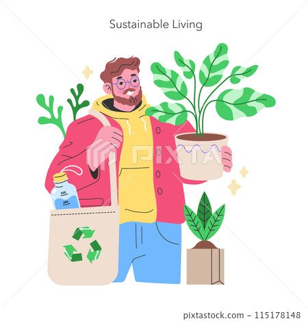 Maker Culture concept Man with plants and recycled materials, capturing the essence of sustainable living and environmental responsibility Green habits in modern life Vector illustration Maker Culture concept Man with plants and recycled materials, capturing the essence of sustainable living and environmental responsibility Green habits in modern life Vector illustration 115178148