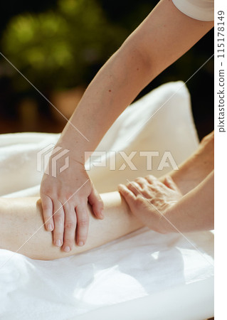 Massage therapist in massage cabinet massaging clients leg Massage therapist in massage cabinet massaging clients leg 115178149