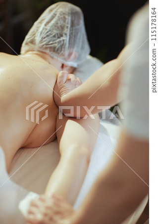 Closeup on massage therapist in spa salon massaging clients arm 115178164